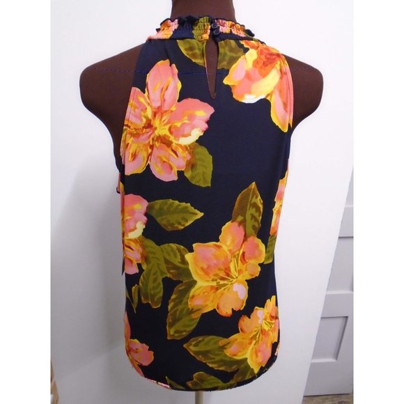 NWT CROSBY WOMENS SMOCKED HALTER TANK TOP NAVY HIBISCUS MEDIUM - Picture 3 of 7